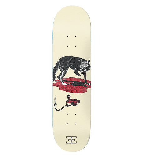 An off white deathwish skateboard featuring a wolf standing in a pool of blood that has chewed it's paw off to escape a trap.