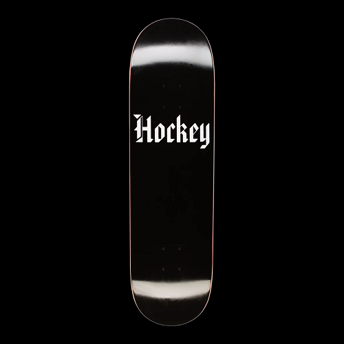 A black hockey skateboard with the text Hockey and an embossed graphic on a white background. 