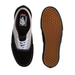 A pair of Vans Authentic Low profile sneakers shown from the top and bottom, featuring a black suede and canvas upper, white laces and a brown waffle-patterned sole.