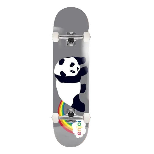 A grey complete Enjoi skateboard featuring a panda farting a rainbow with a cloud at the end and the text Enjoi. 