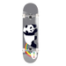 A grey complete Enjoi skateboard featuring a panda farting a rainbow with a cloud at the end and the text Enjoi. 