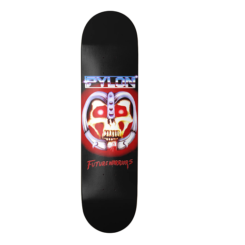 A skateboard deck with a black background, featuring a central graphic of a skull inside a red helmet with the text 'PYLON' and 'FUTURE WARRIORS' in stylized lettering.