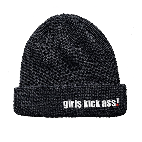 A black foundation skateboards beanie with the embroidered text Girls kick Ass!