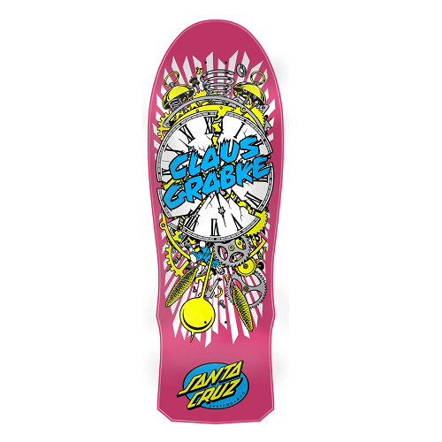 A Santa Cruz Claus Grabke skateboard featuring an exploding clock face on a pink stained board on a white background.