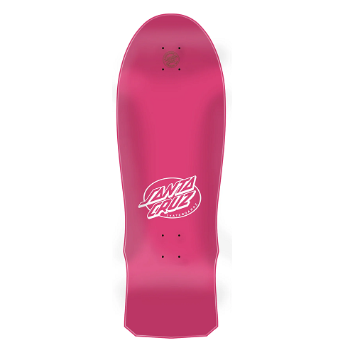 Top of a pink stained santa cruz skateboard featuring a white Santa Cruz logo on a white background. 