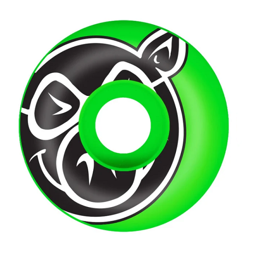 Front of a green Pig skateboard wheel featuring a large black and white pig head. 