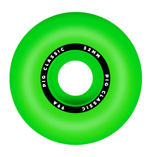 Back of a green Pig skateboard wheel featuring a black ring with text Pig Classic 52mm 99a.