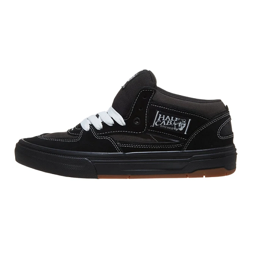 A Vans Half Cab Wafflecup black suede and canvas mid-top skate shoe with white laces and a brown gum outsole, shown against a plain white background.