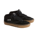 Black high-top sneakers with brown soles on a light beige background