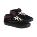 A pair of black mid-top skate shoes with red graphic patterns and white laces, displayed on a light beige background.