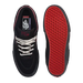 A pair of black Vans Cloudfoam skate shoes shown from the top and bottom. The shoes feature white laces, red stitching, a red textured outsole, and a black Vans logo on the tongue.