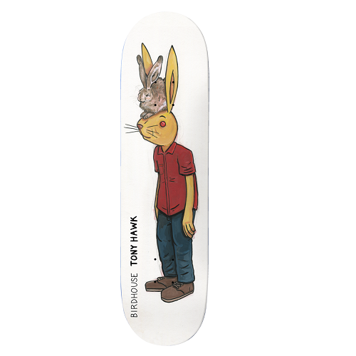 A white skateboard featuring a bunny dressed as a man with another rabbit on his head with the test Birdhouse Tony Hawk. 