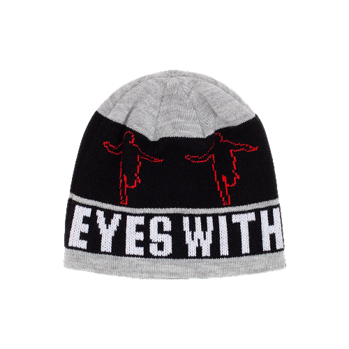 Gray and black beanie with red designs and text on a black background
