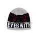 Gray and black beanie with red designs and text on a black background