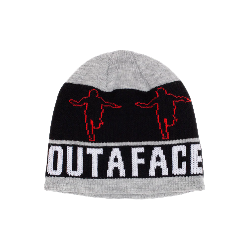 Knitted beanie with red face designs and 'OUTAFACE' text on a black background