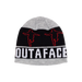 Knitted beanie with red face designs and 'OUTAFACE' text on a black background