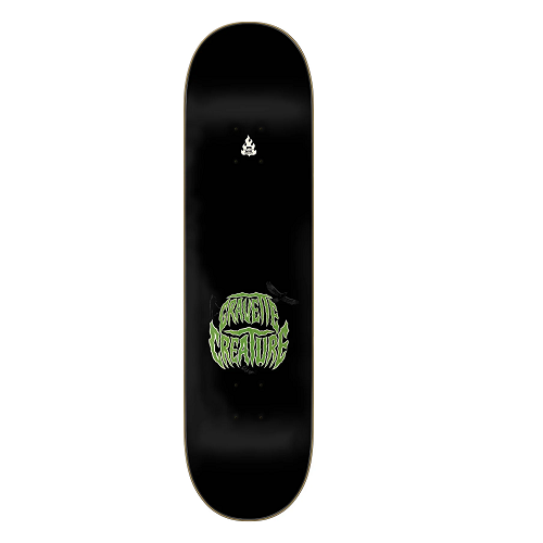 Top of a black skateboard featuring the words Gravette Creature.