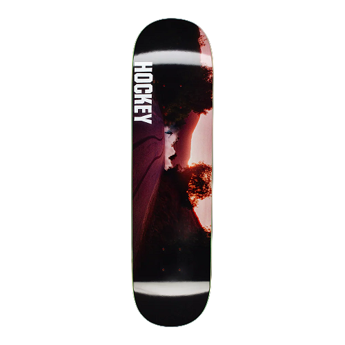 Skateboard deck with a printed design and 'Hockey' branding on a black background