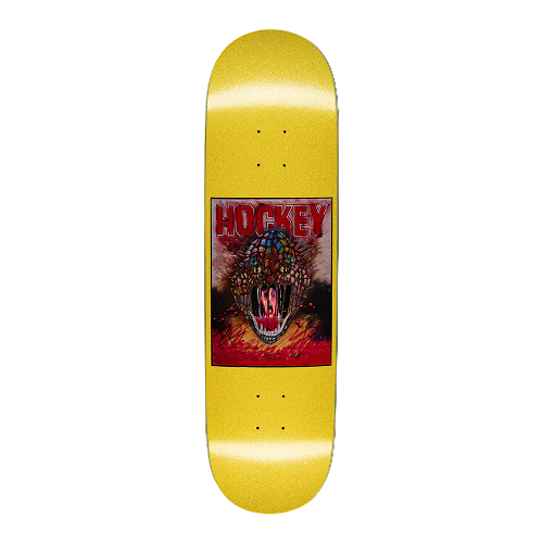 Skateboard deck with a colorful graphic and 'Hockey' branding on a yellow background