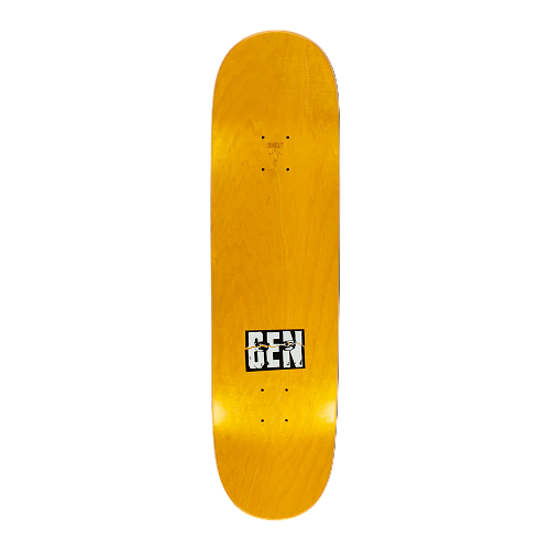 Yellow skateboard deck with a black and white logo on a black background