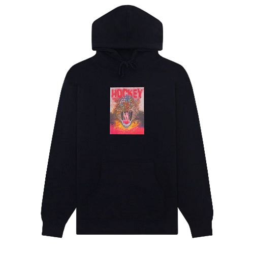 Black hoodie with colorful graphic center chest.