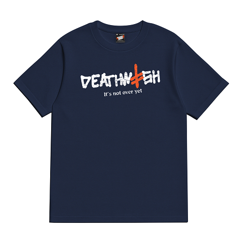 A navy tshirt with the deathwish skateboards logo and the text deathwish it's not over yet in white and red. 