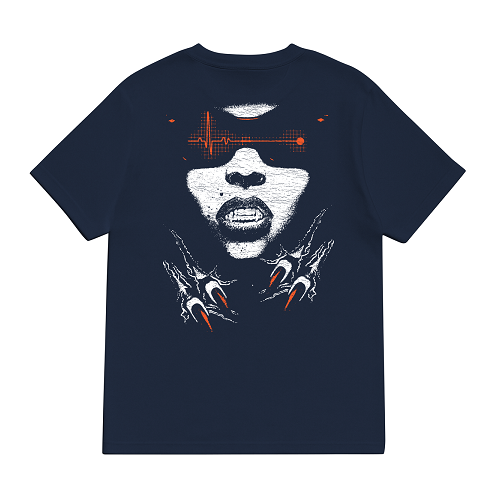 Back of a navy shirt featuring a woman with sunglasses and vampire teeth claws breaking thru.