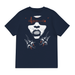 Back of a navy shirt featuring a woman with sunglasses and vampire teeth claws breaking thru.