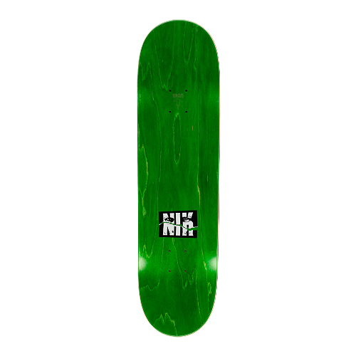 Green skateboard deck with a logo on a black background