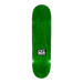 Green skateboard deck with a logo on a black background
