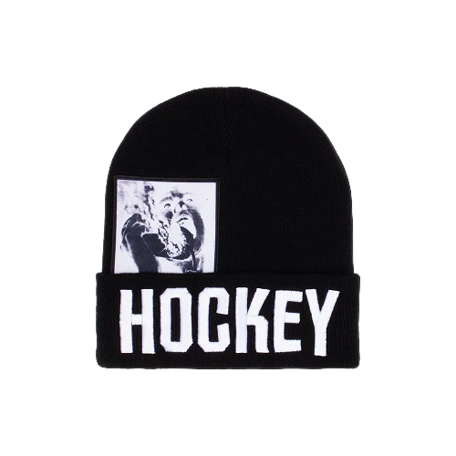 Black beanie with 'Hockey' logo and graphic on a black background