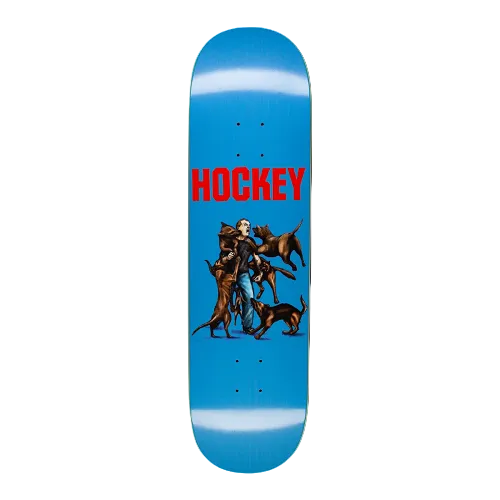 A blue Hockey skateboard featuring a man being attacked by several dogs and the text Hockey on a white background. 