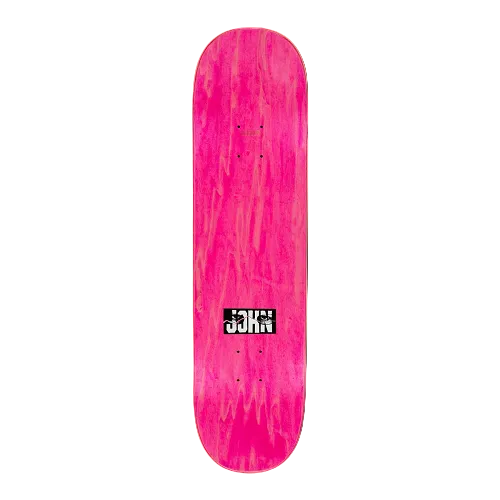 Top of a Hockey skateboard in pink stain with the text John on a white background. 