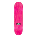 Top of a Hockey skateboard in pink stain with the text John on a white background. 