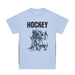 A light blue short-sleeve t-shirt with a graphic print featuring the word 'HOCKEY' in bold black letters above a black and gray sketch of a hockey player surrounded by dogs, shown against a white background.