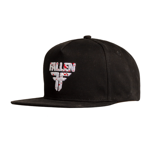 A black flat-brim snapback cap featuring a stylized 'FALLEN' logo with a red and white distressed logo on the front, set against a plain white background.