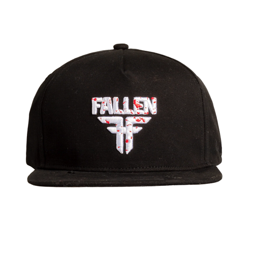 A black flat-brim baseball cap featuring a white embroidered 'FALLEN' logo with red splatter details and a matching white and red 'FF' emblem on the front.