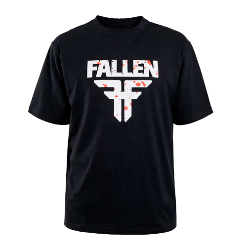 Black T-shirt featuring the fallen insignia logo with white with red splatters on a white background. 