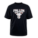 Black T-shirt featuring the fallen insignia logo with white with red splatters on a white background. 