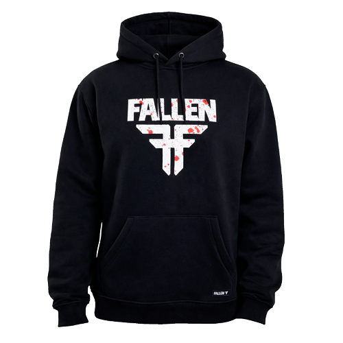 A black pullover hoodie featuring a distressed white 'FALLEN' text logo and a stylized white 'FF' emblem on the chest, with a small white 'FALLEN' tag near the bottom right pocket, shown against a plain white background.
