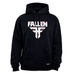 A black pullover hoodie featuring a distressed white 'FALLEN' text logo and a stylized white 'FF' emblem on the chest, with a small white 'FALLEN' tag near the bottom right pocket, shown against a plain white background.