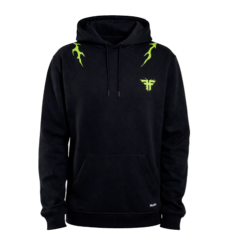 A black pullover hoodie with neon green graphic accents, including a stylized winged emblem on the left chest and matching green details on the shoulders, shown against a plain white background.