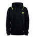 A black pullover hoodie with neon green graphic accents, including a stylized winged emblem on the left chest and matching green details on the shoulders, shown against a plain white background.