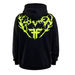 A black pullover hoodie shown from the back, featuring a large, vibrant neon yellow-green graphic of a stylized face inside a winged heart shape on the back.