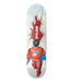 A skateboard deck featuring a graphic illustration of an astronaut in an orange spacesuit walking beneath a large red paint splatter, with the brand name 'PYLON' printed vertically in white. The deck is shown against a solid black background.