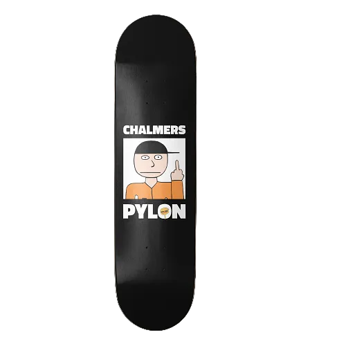 A black skateboard deck featuring a graphic design with the text 'CHALMERS' and 'PYLON' and a cartoon character in an orange jumpsuit, shown against a solid black background.