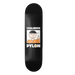 A black skateboard deck featuring a graphic design with the text 'CHALMERS' and 'PYLON' and a cartoon character in an orange jumpsuit, shown against a solid black background.