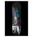 A skateboard deck featuring a graphic print of a man in a blue blazer and beige pants sitting on a bench holding a weapon, with a large blue flame logo and the word 'PYLON' on a black background.