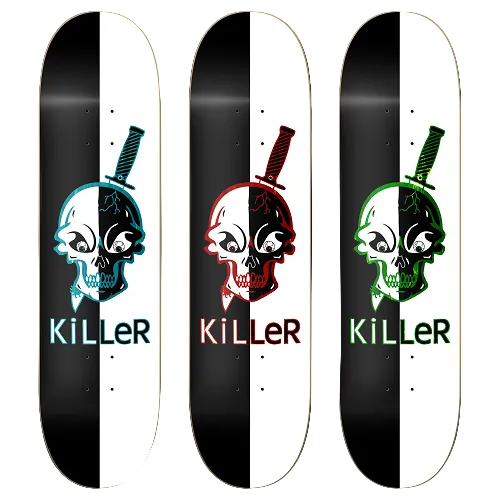 Three skateboard decks shown vertically side by side on a black background, each with a split black-and-white graphic featuring a skull and knife illustration and the word 'KiLeR' printed below.