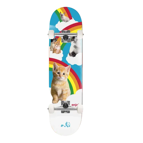 A complete Enjoi skateboard featuring kittens, rainbows and clouds with the text Enjoi.